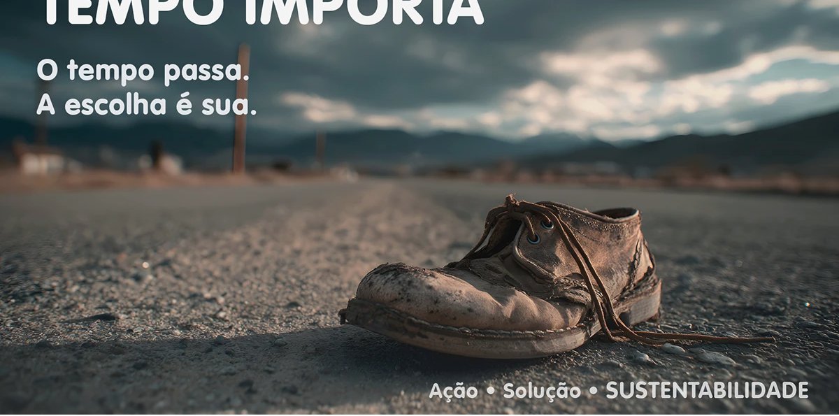 Sapato velho sobre asfalto com tipografia Tempo Importa