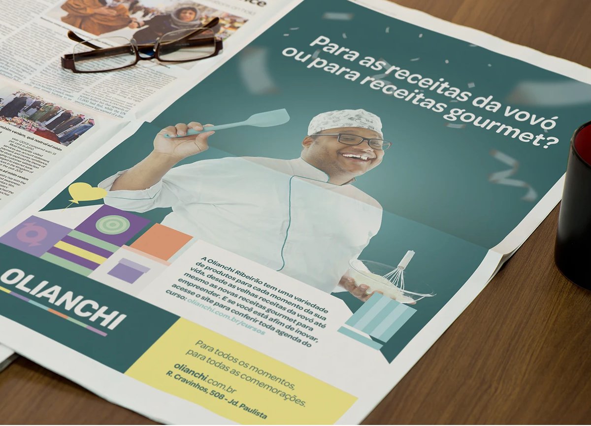 Mockup de jornal e material impresso da marca Olianchi