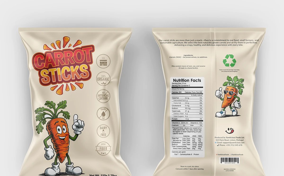 Embalagem ilustrada da marca Carrot Sticks